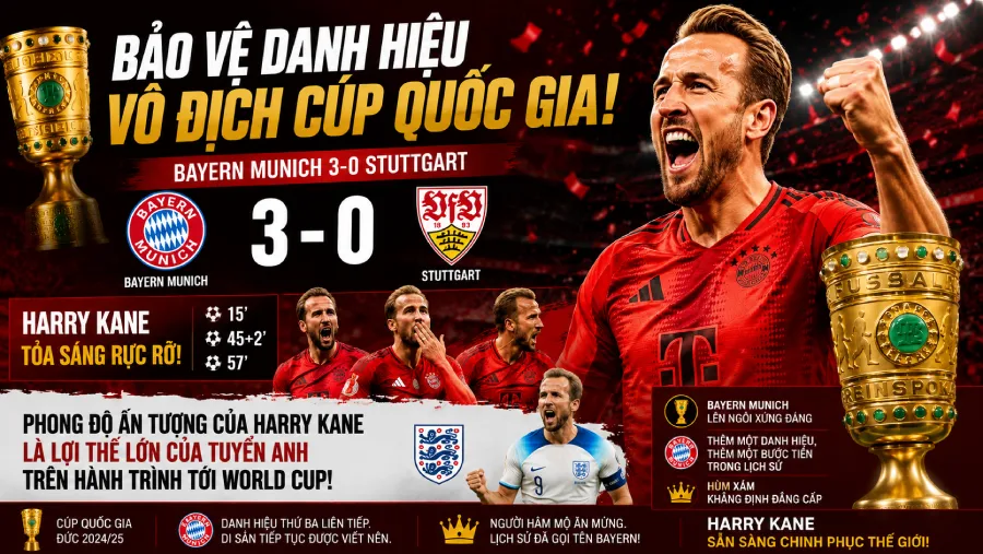 Bayern hủy diệt Stuttgart 3-0: Harry Kane lập hat-trick đăng quang DFB-Pokal