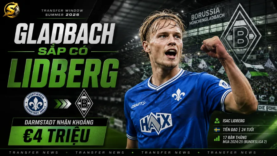 Borussia Mönchengladbach sắp chiêu mộ Isac Lidberg từ Darmstadt với phí €4 triệu