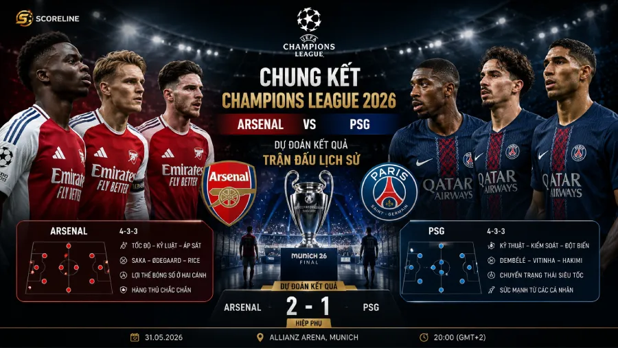 Chung kết Champions League 2026: Arsenal vs PSG — Dự đoán kết quả trận đấu lịch sử