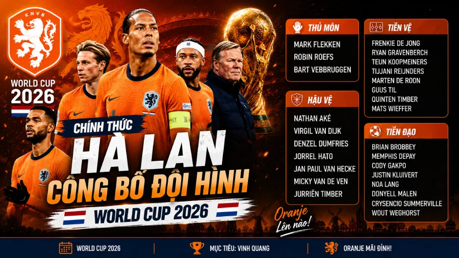 Tuyển Hà Lan công bố danh sách 26 cầu thủ cho World Cup 2026 — Virgil van Dijk đội trưởng, Frenkie de Jong + Cody Gakpo + Memphis Depay là trụ cột chính, HLV Ronald Koeman dẫn dắt