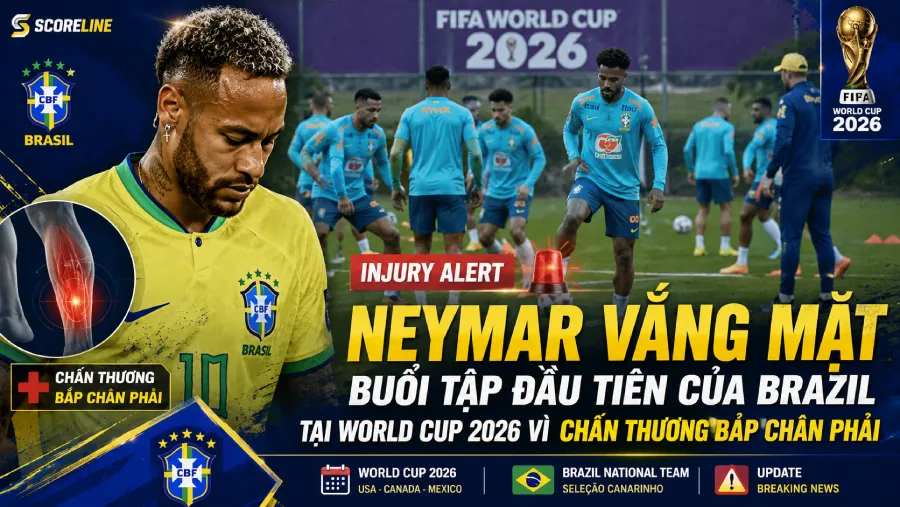 Neymar vắng mặt buổi tập đầu tiên của Brazil tại World Cup 2026 vì chấn thương bắp chân phải