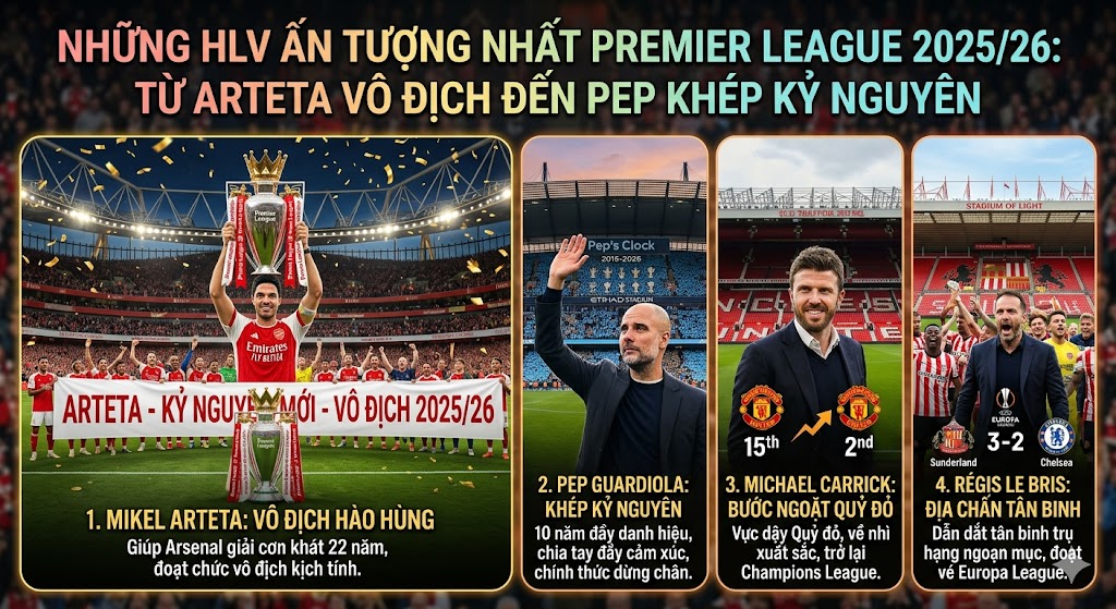 Những HLV ấn tượng nhất Premier League 2025/26: Từ Arteta vô địch đến Pep khép kỷ nguyên