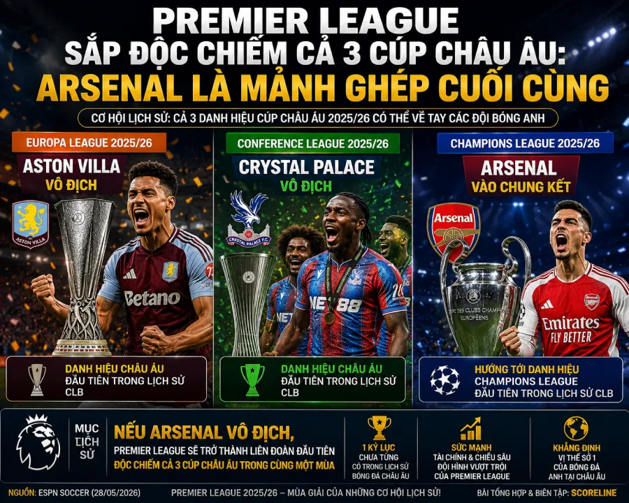 Premier League sắp độc chiếm cả 3 cúp châu Âu: Arsenal là mảnh ghép cuối cùng