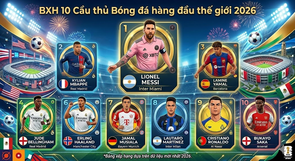 Top 10 cầu thủ đáng xem nhất World Cup 2026 — Messi, Mbappé, Yamal, Vinicius Jr, Bellingham, Haaland và những ngôi sao tâm điểm
