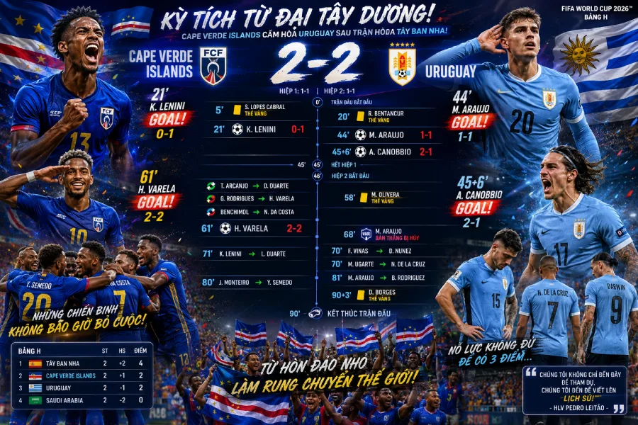 Uruguay 2-2 Cape Verde Islands: Sư tử xanh cầm chân Celeste | World Cup 2026