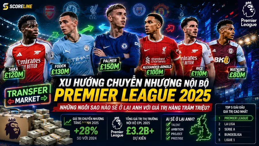 Xu hướng chuyển nhượng nội bộ Premier League 2025: Những ngôi sao nào sẽ ở lại Anh với giá trị hàng trăm triệu?